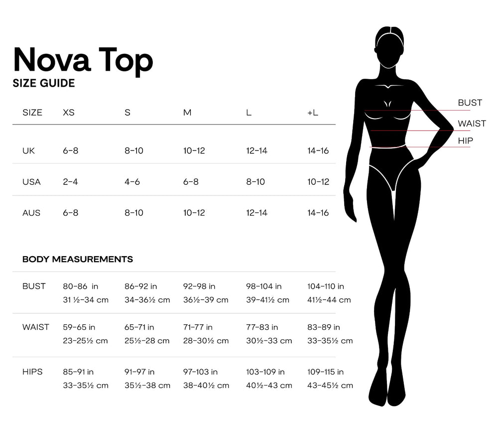 Size chart for Nova Top Pink